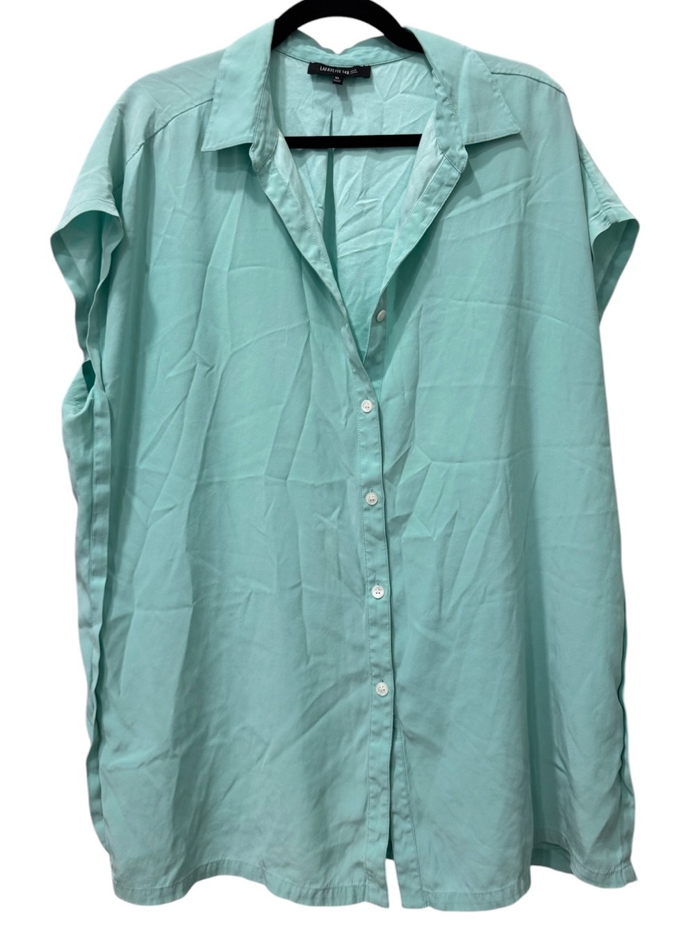 Lafayette 148 New York 100% Silk Aqua Button Short Sleeve Front Blouse Sz XL